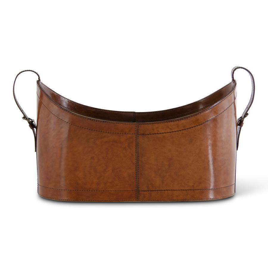 Brown Leather Oval Basket w/Adjustable Handles - 17.75 inch