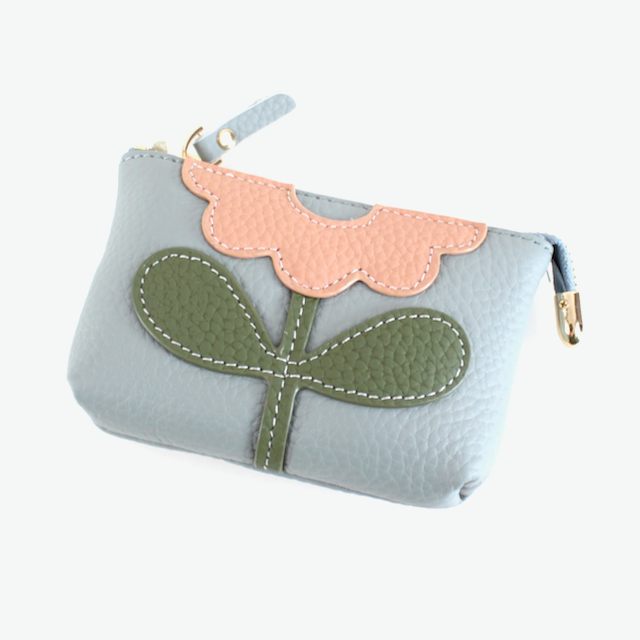 Flower Applique Leather Coin Purse w/Keychain: Grey Blue