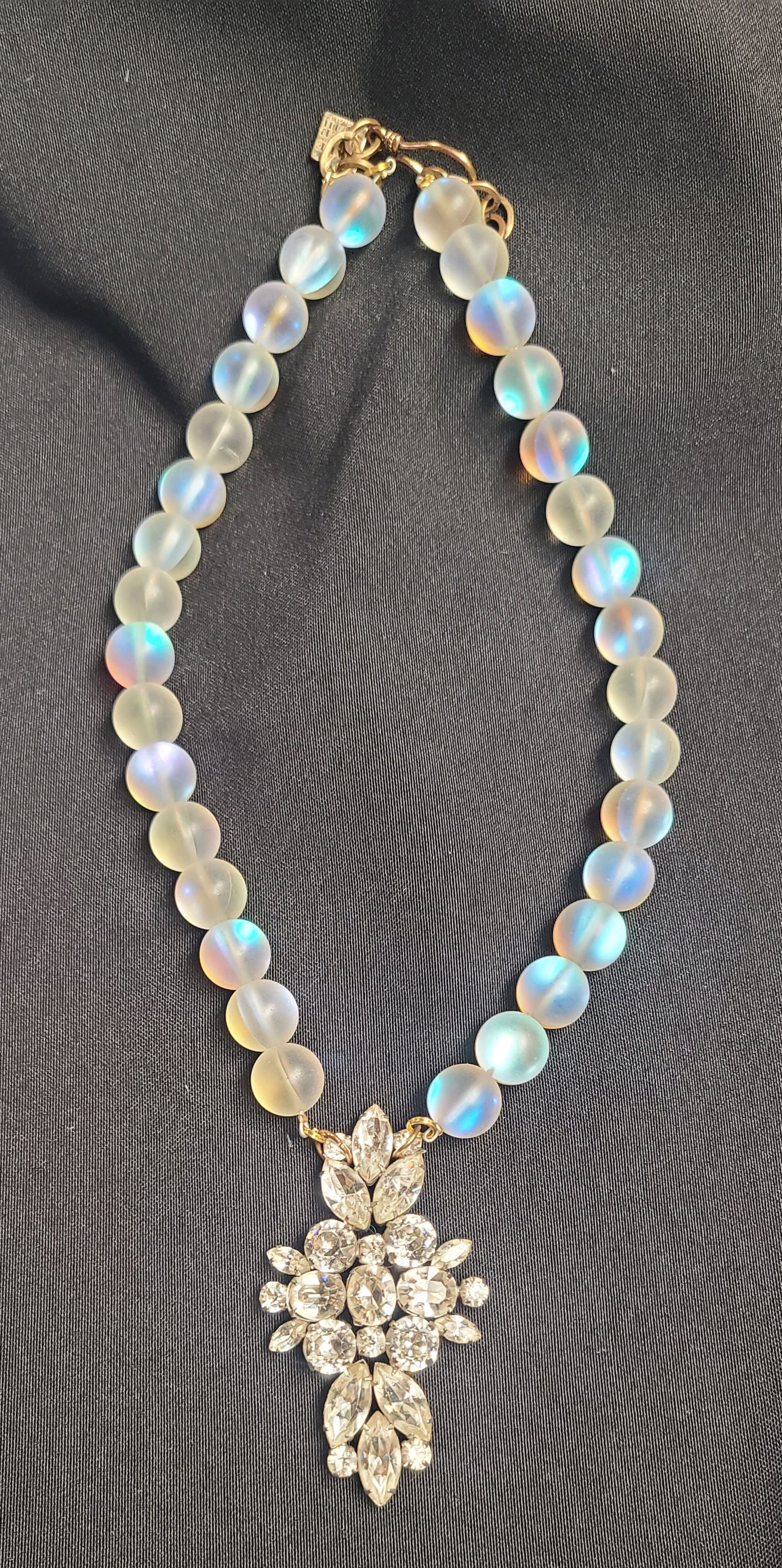 Moonstone Bead and 1930's Rhinestone Brooch Vintage Necklace