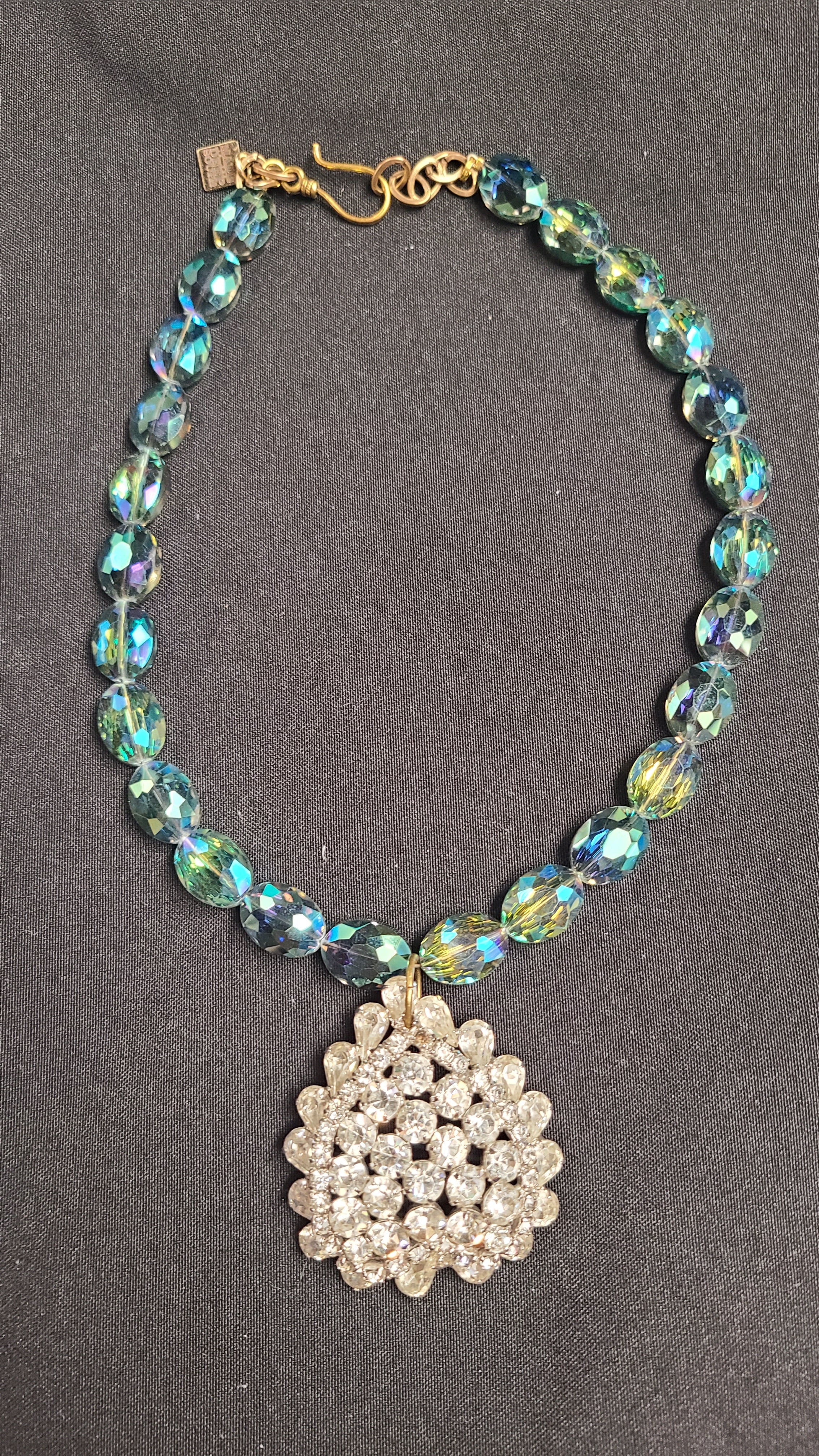 Vintage 1960's Seaglass Necklace with 1920's Rhinestone Brooch-Made in the Deep South