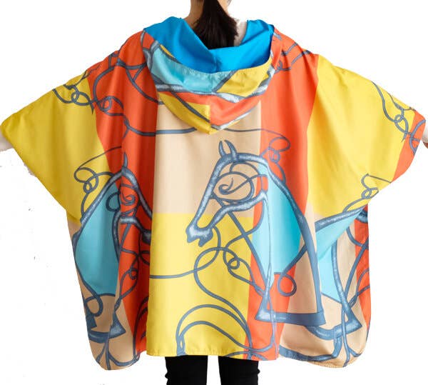 Equestrian Turq/Orange Reversible Rain Cape - Swirling Horse