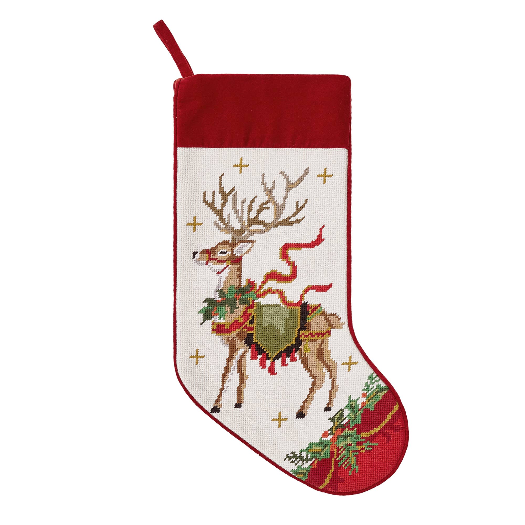 Reindeer w/Wreath Embroidered Stocking