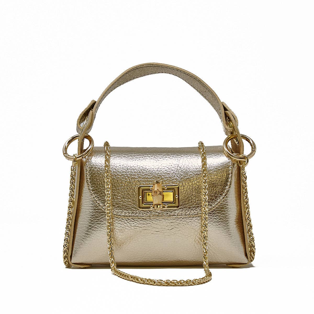 GF1075 GENUINE ITALIAN LEATHER  BAMBOO CLASP, CROSSBODY BAG: GOLD