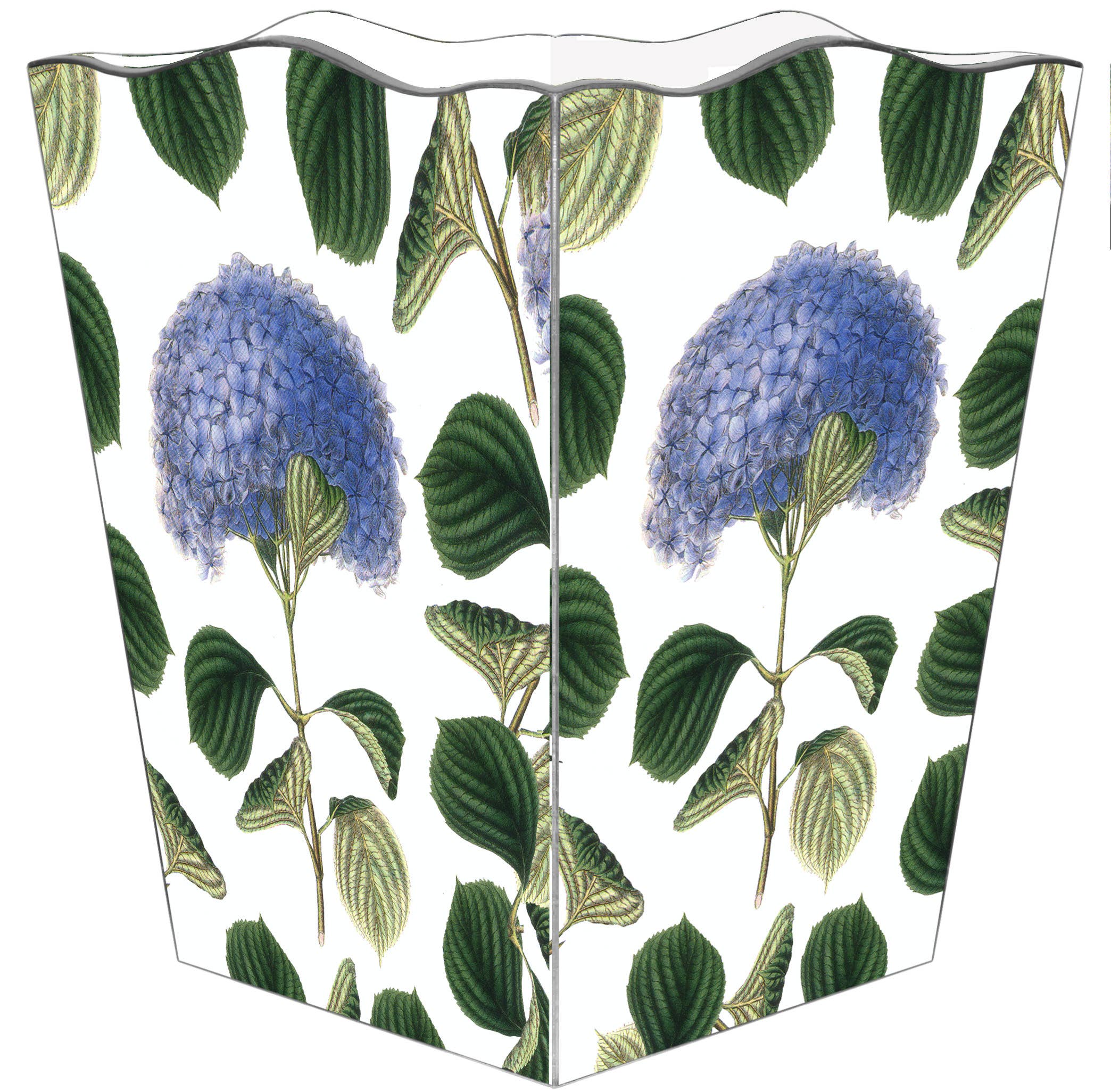 Blue Hydrangea with Leaves Wastepaper Basket: Scalloped Top