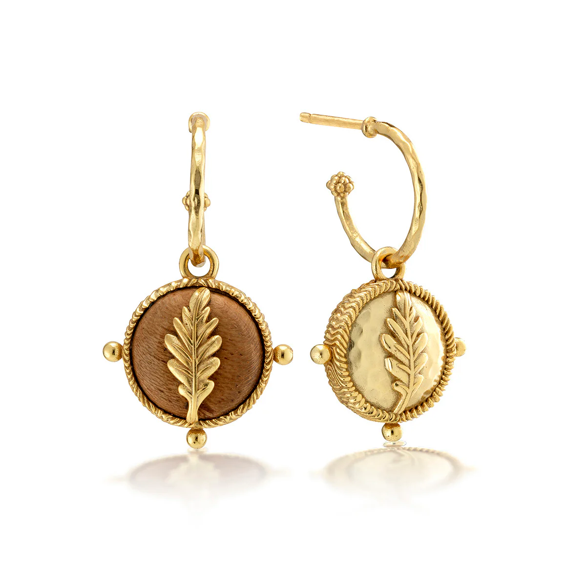 Forest Walk Oak Leaf Earrings with Double Sided Charm - Teak/Gold