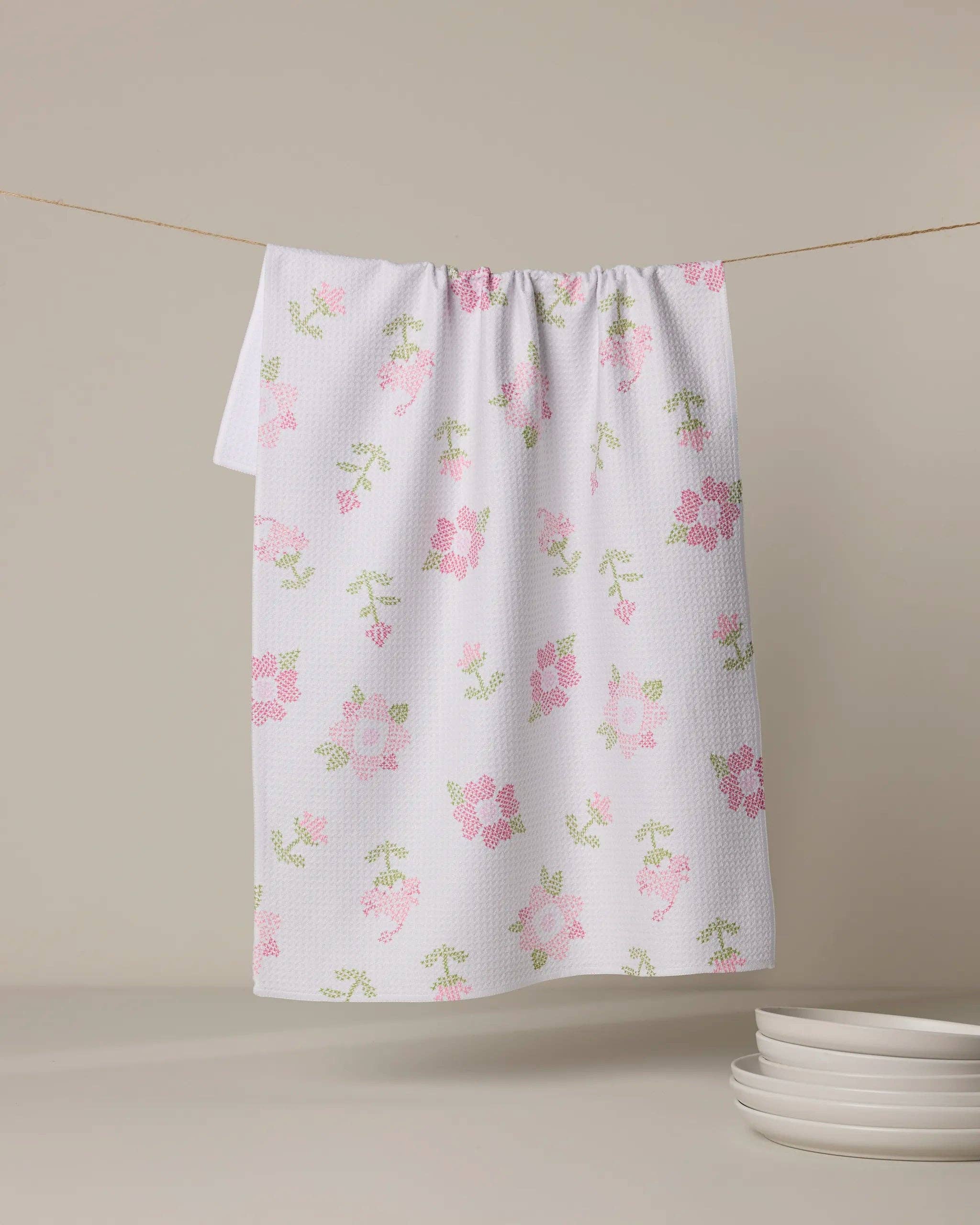 Cross Stitch Floral Tea Towel