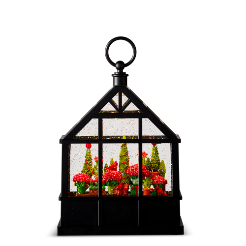 CHRISTMAS FLOWERS AND CARDINALS LIGHTED WATER GREENHOUSE