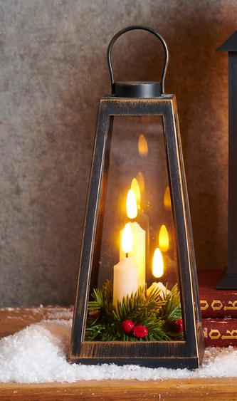 Distressed Lantern with Candles and Greenery