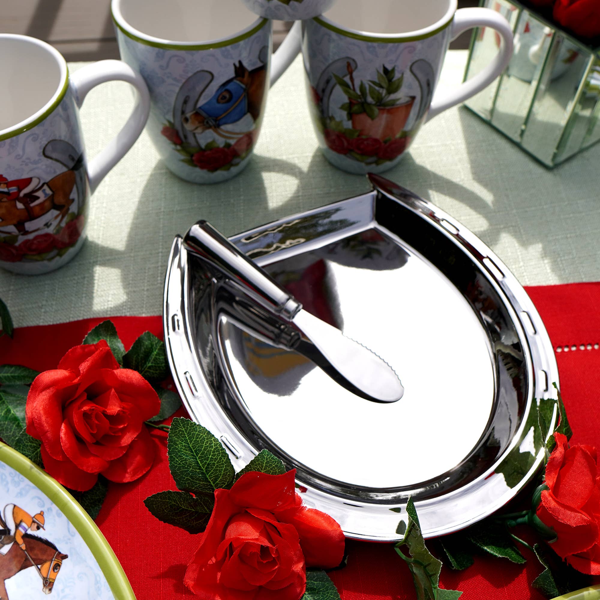Day at the Races Silver Plate Horseshoe Cheese Plate w Knife