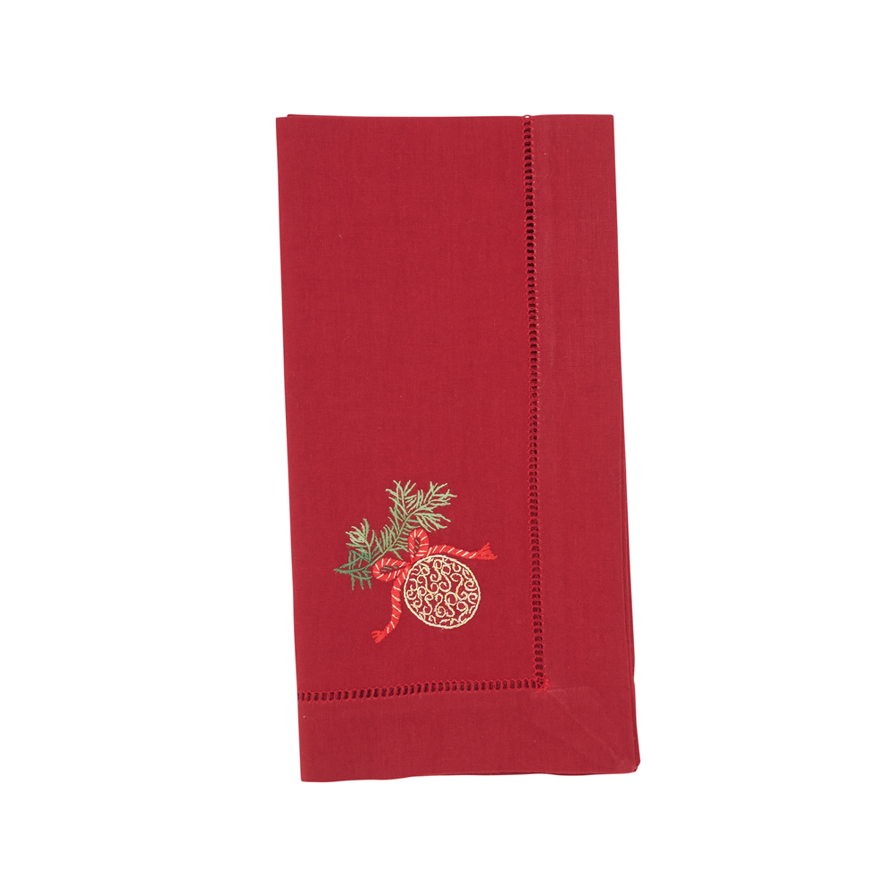 Embroidered Ornament Hemstitch Red Napkins – Set of 4