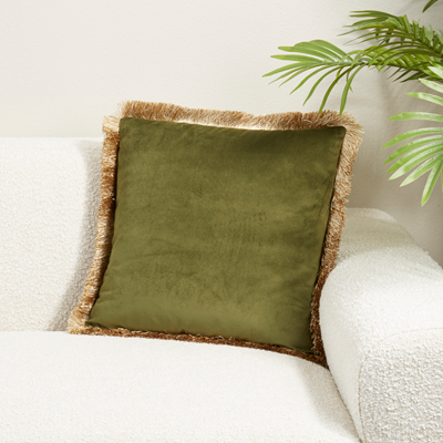 Olive Green Velvet Fringe Pillow – 18" Square