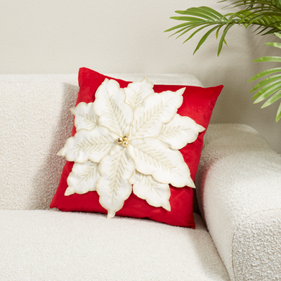 Red Velvet w/ white Poinsettia Pillow - 16" sq
