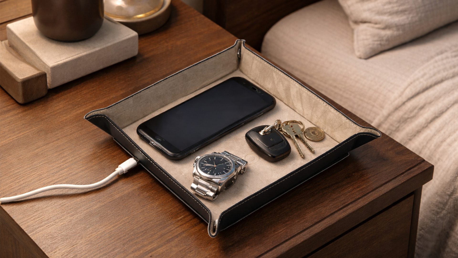 Leather Charging Valet – Wireless Charging Station: Black