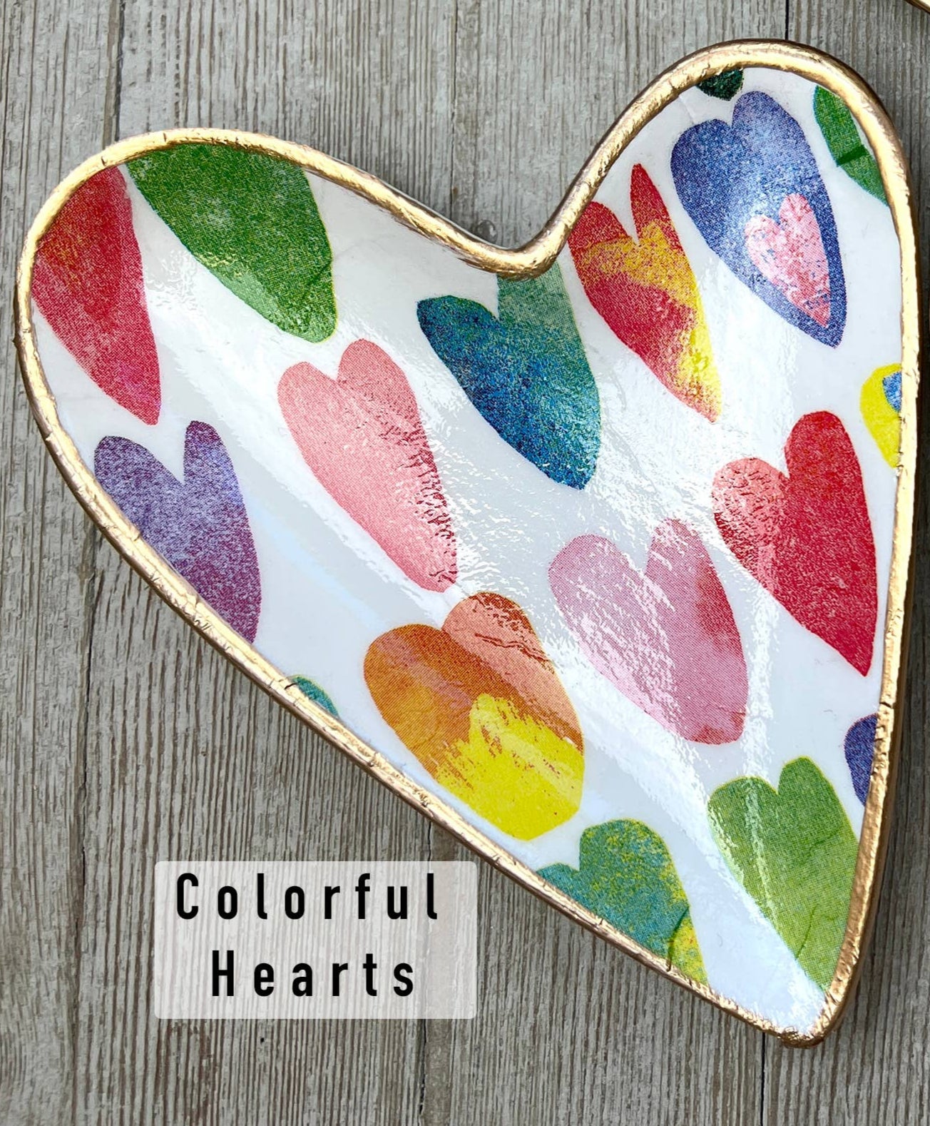 Decoupage Ceramic Heart Dish with Colorful Hearts design