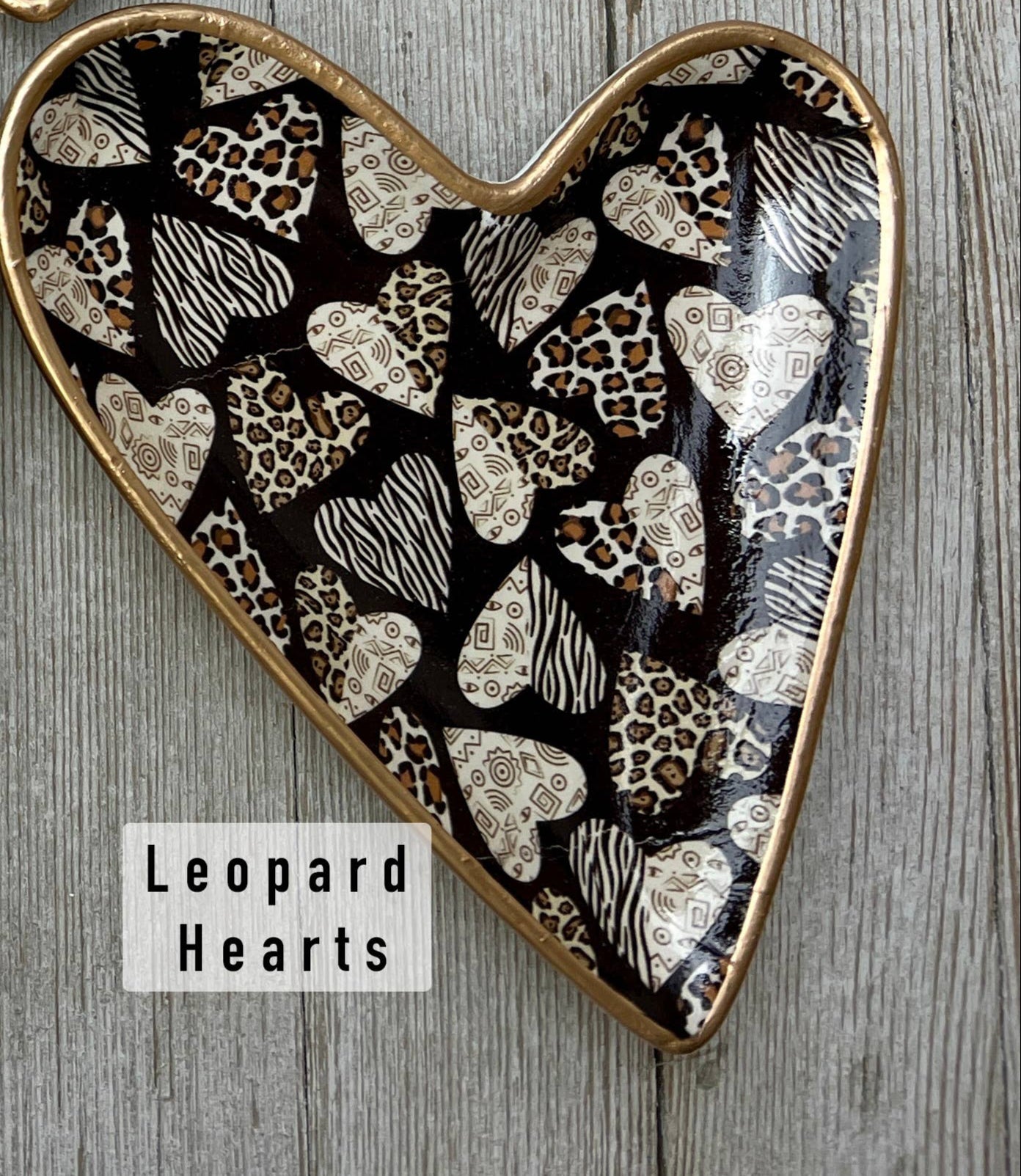 Decoupage Ceramic Heart Dish with Leopard hearts design