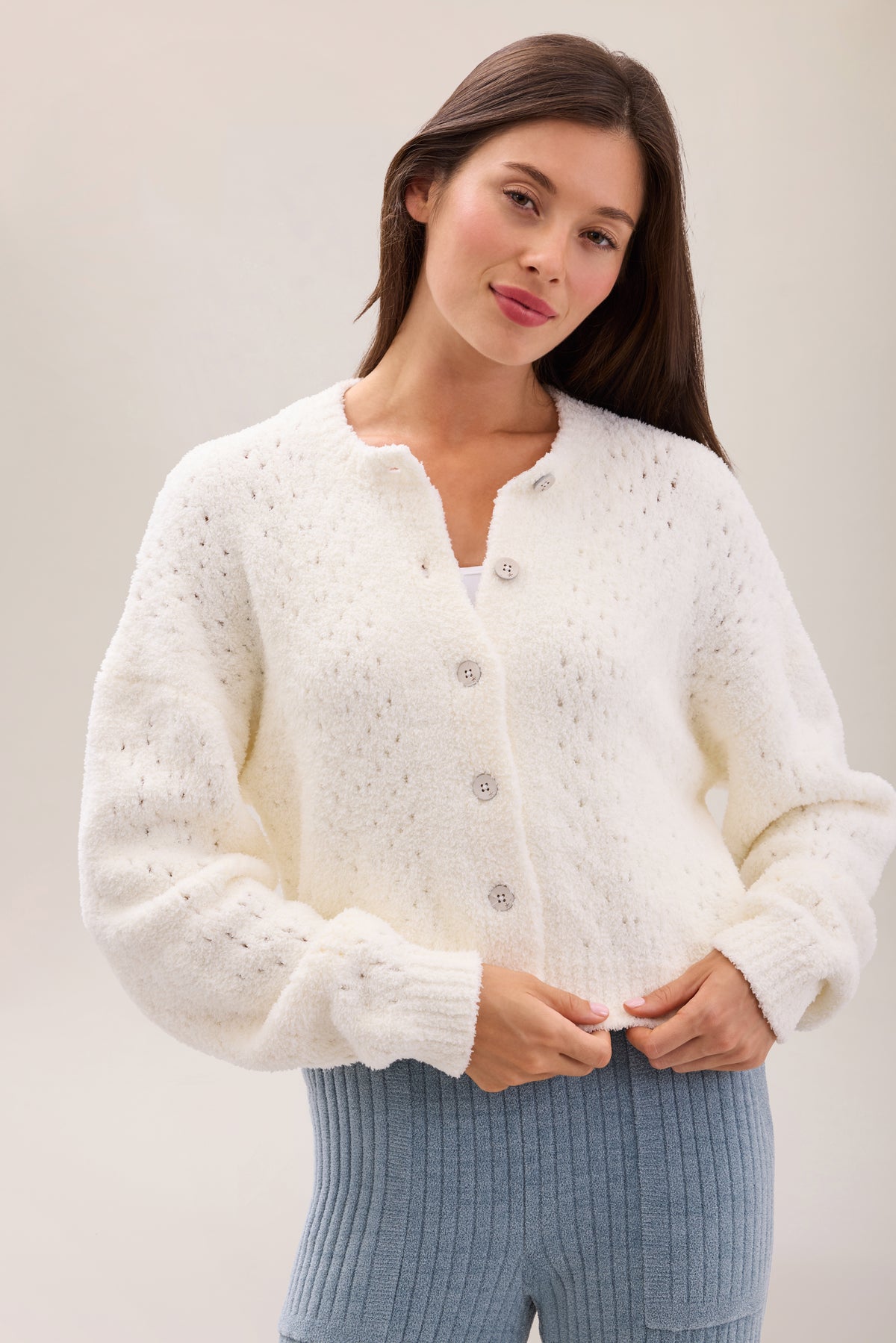 Barefoot Dreams Cozy Chic Pointelle Cropped Cardigan-Medium
