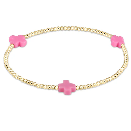 Bright Pink Signature Cross Gold Pattern 2mm Bead Bracelet