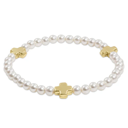 signature cross pearl pattern 4mm bead bracelet - gold