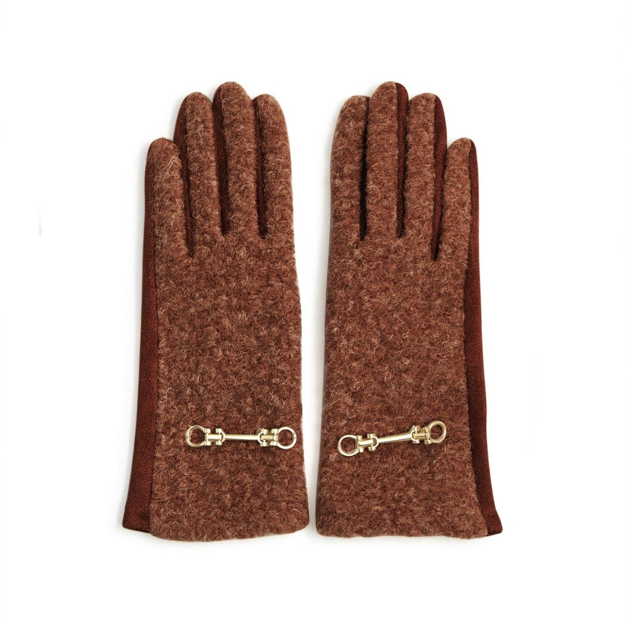 Plush Gloves with Metal Keeper with Warm Fleece Lining - Chocolate