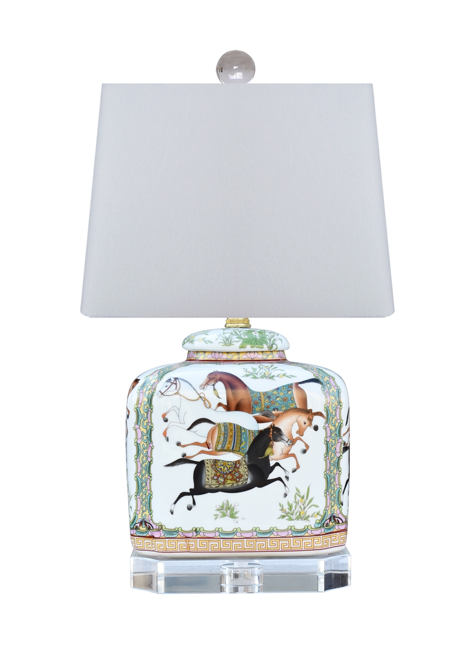 Porcelain Horses Flat Jar Lamp with Crystal Base