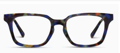 Multicolored tortoiseshell eyeglass frames on a white background