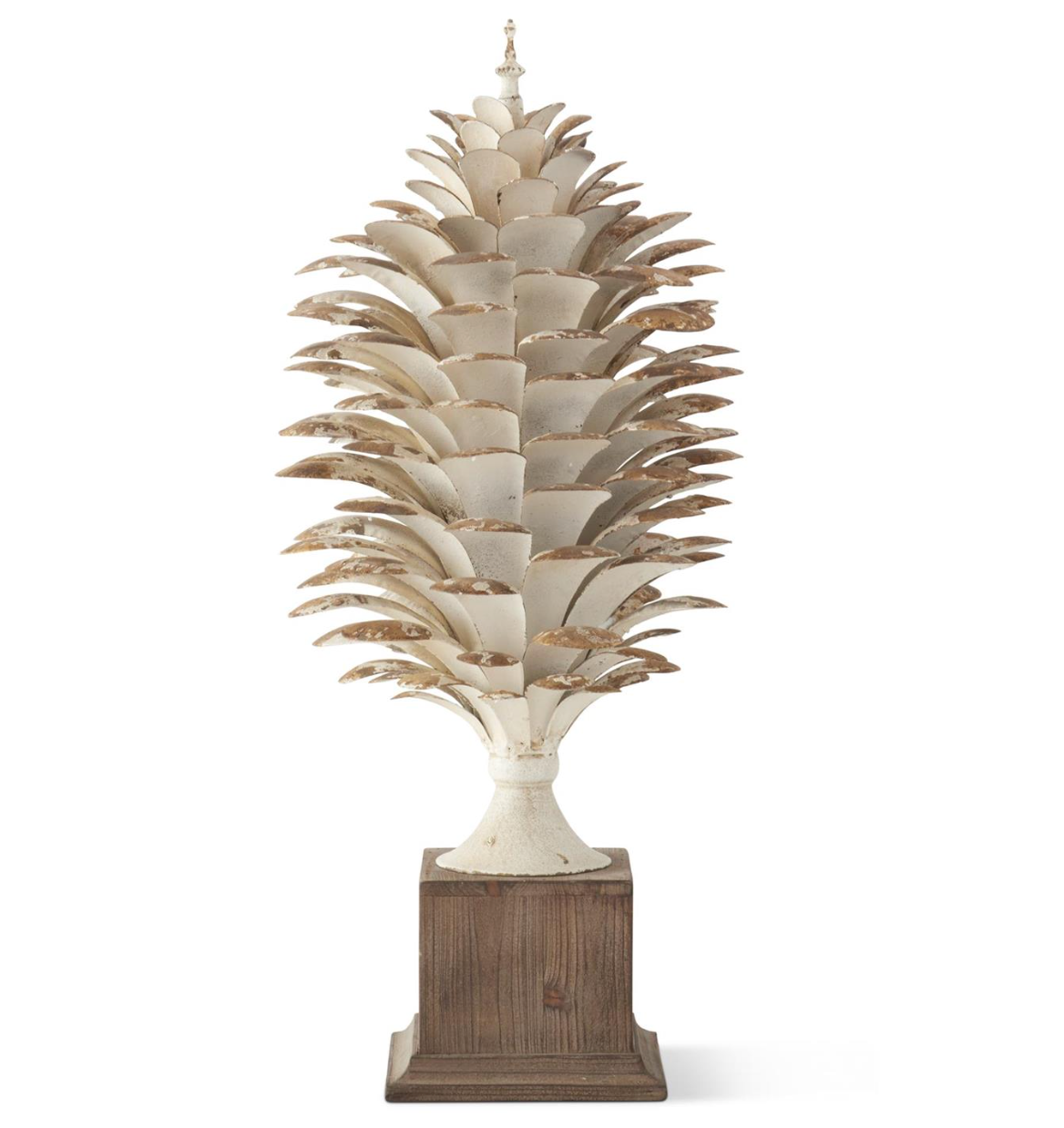 Gold Whitewashed Pinecone Finial on Wood Square Base