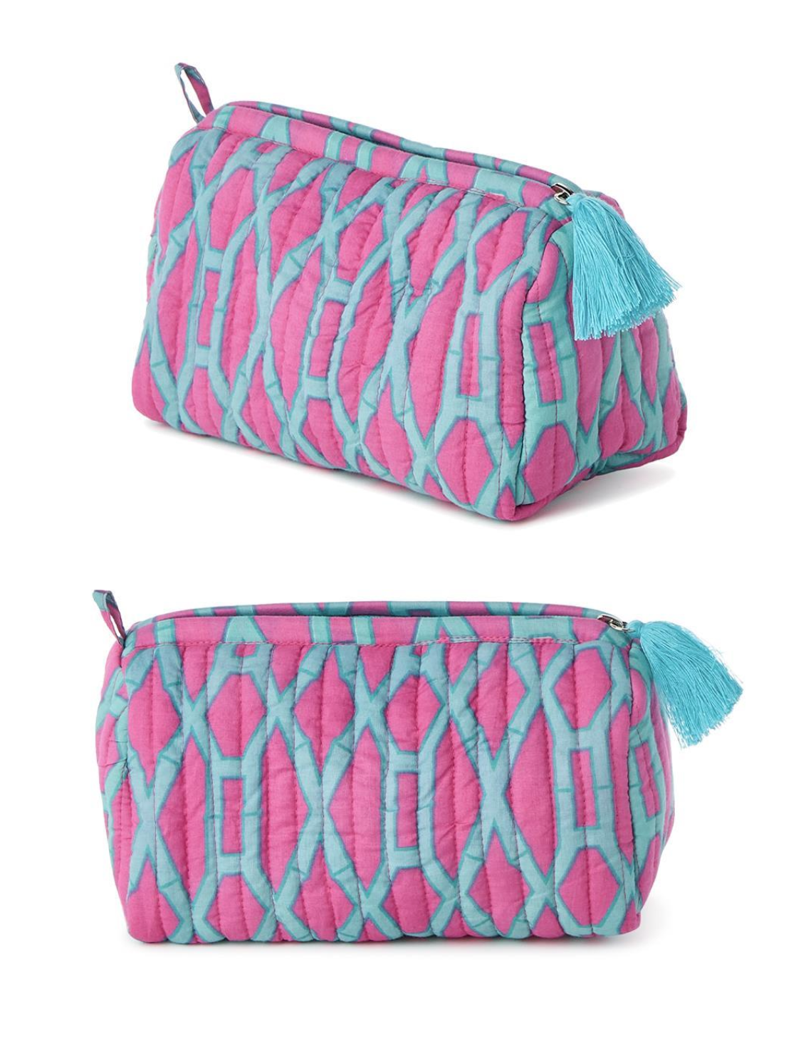 Bamboo Printed Quilted Accessory Bag - Pink/Aqua