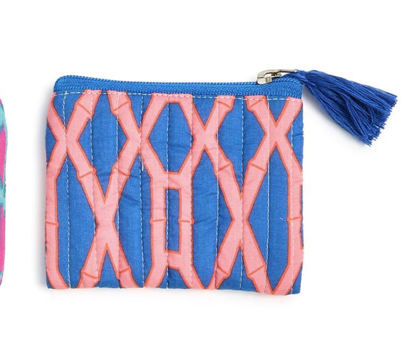 Bamboo Printed Quilted Coin Pouch with Zip Closure and Tassel - Peach/Blue