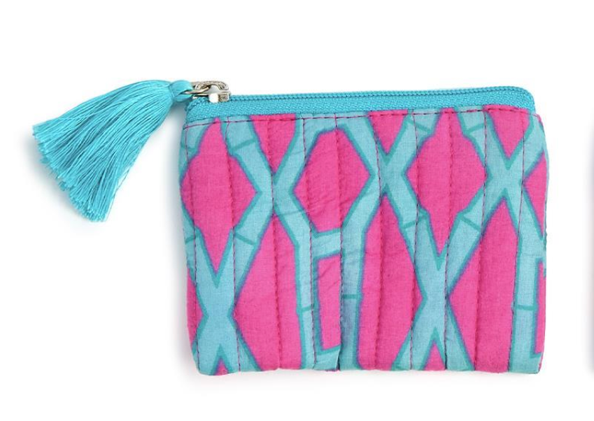 Bamboo Printed Quilted Coin Pouch with Zip Closure and Tassel - Pink/Aqua