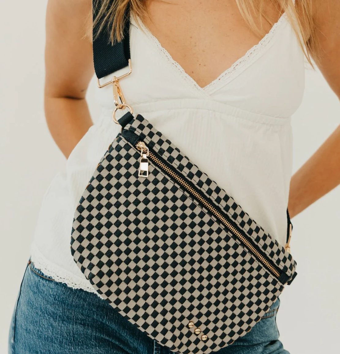 Westlyn Woven Checkered Bum Bag - Black/cream