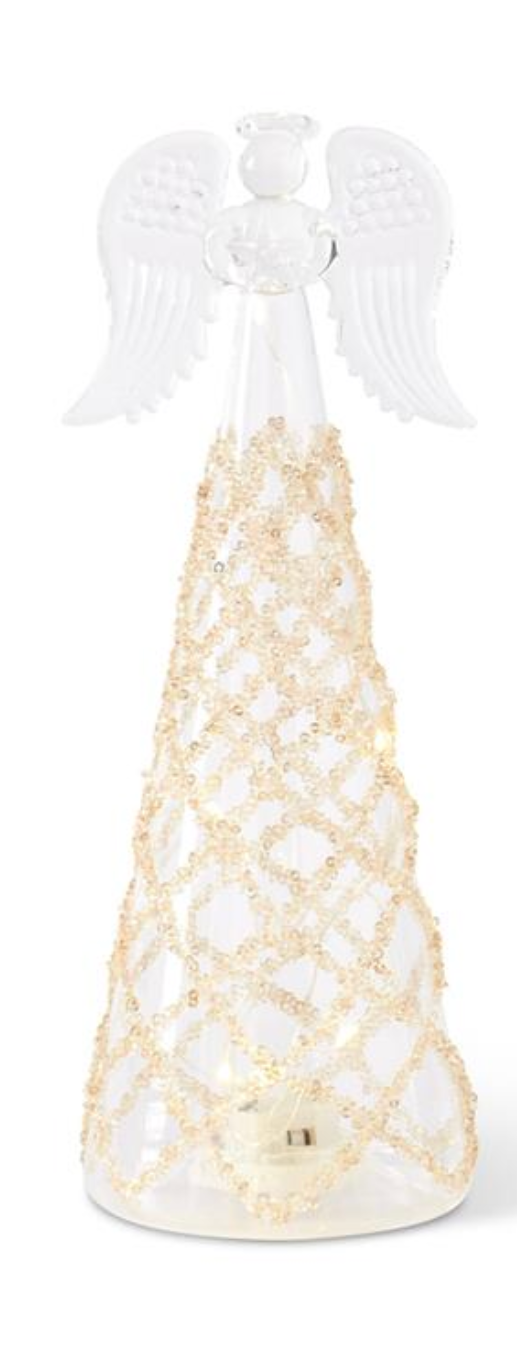 Clear Glass Lattice Gold Bead LED Tall Angels w/Timers-Large
