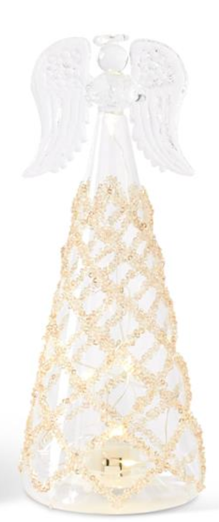 Clear Glass Lattice Gold Bead LED Angels w/Timers-Medium