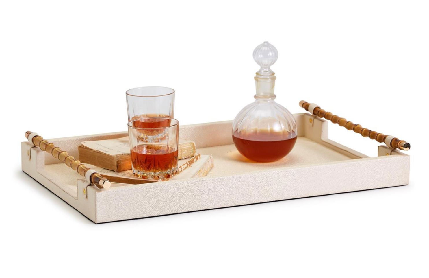 Cream Decorative Rectangle Tray With Bamboo Handles - Small