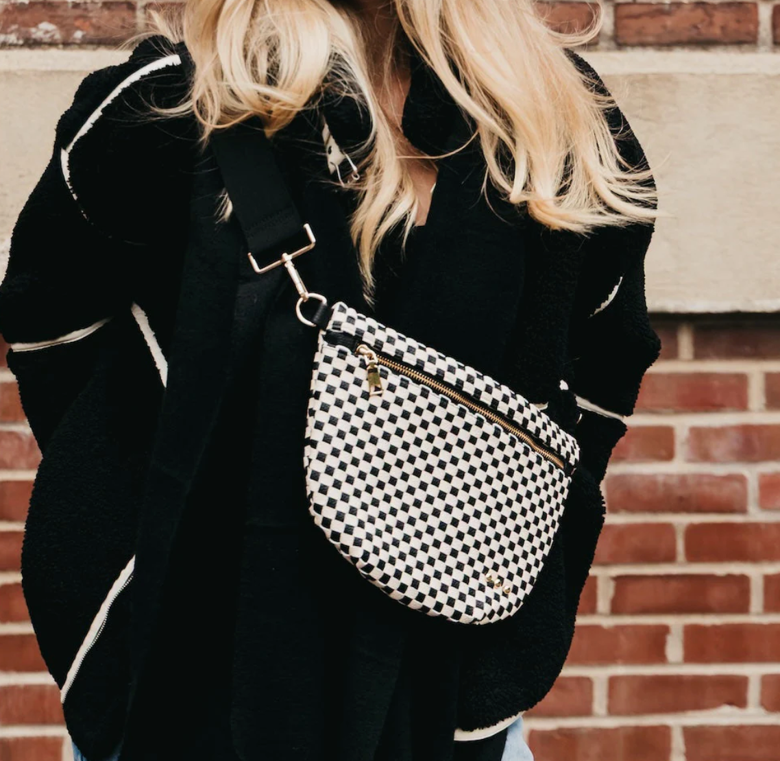 Westlyn Woven Checkered Bum Bag - Black/cream
