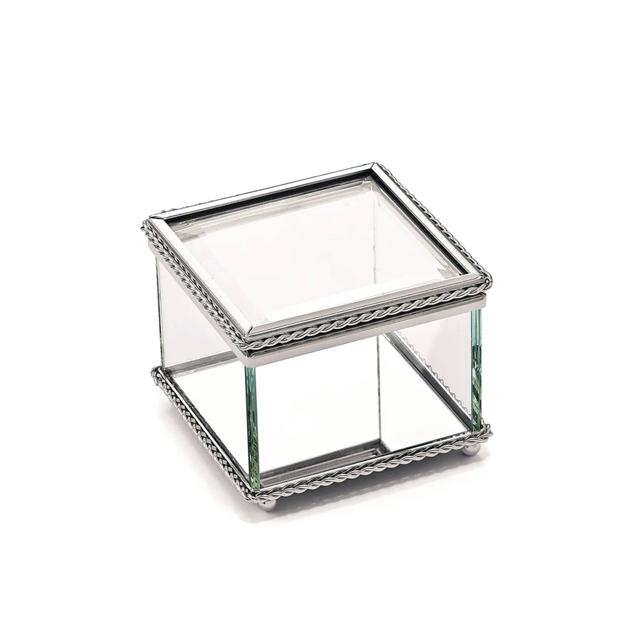 Square Glass Jewelry Box with Hinged Cover, 3.25"