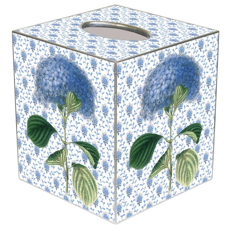 TB39 Blue Hydrangea on Blue Provincial Tissue Box Cover: Paper Mache