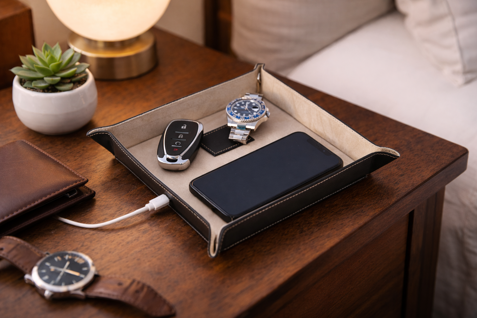 Leather Charging Valet – Wireless Charging Station: Black