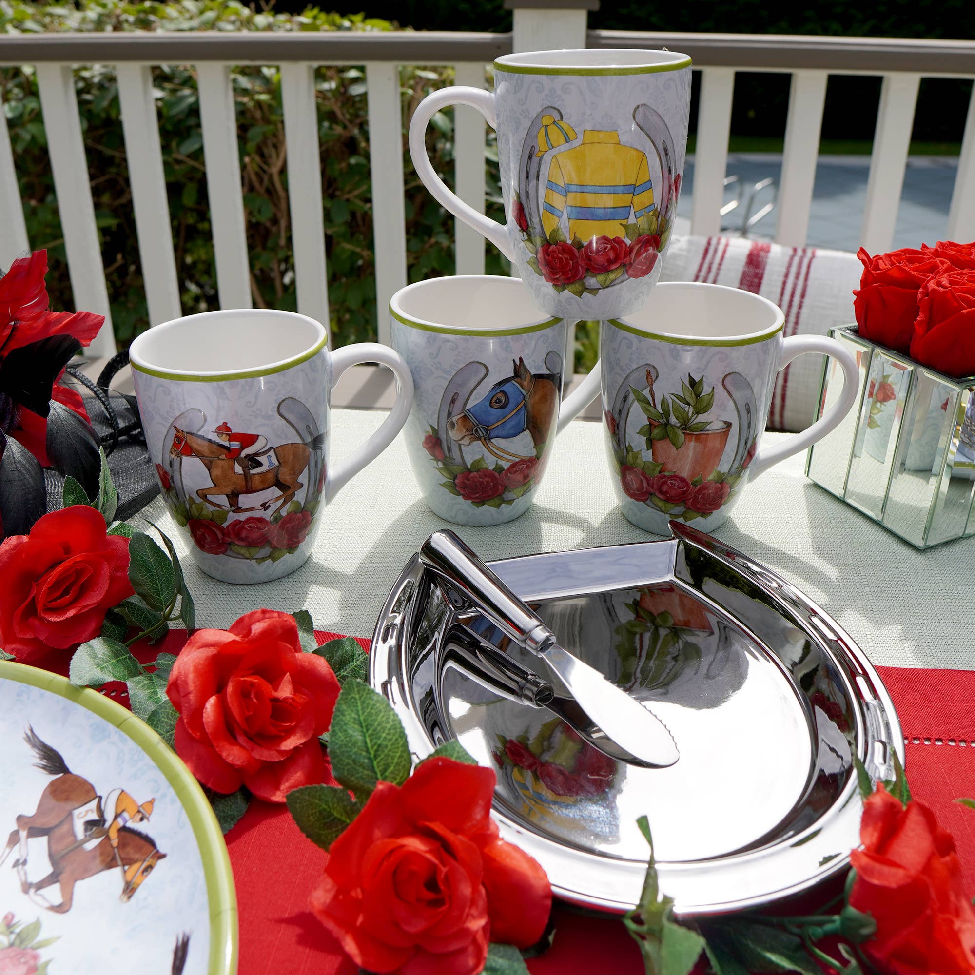 Day at the Races Silver Plate Horseshoe Cheese Plate w Knife