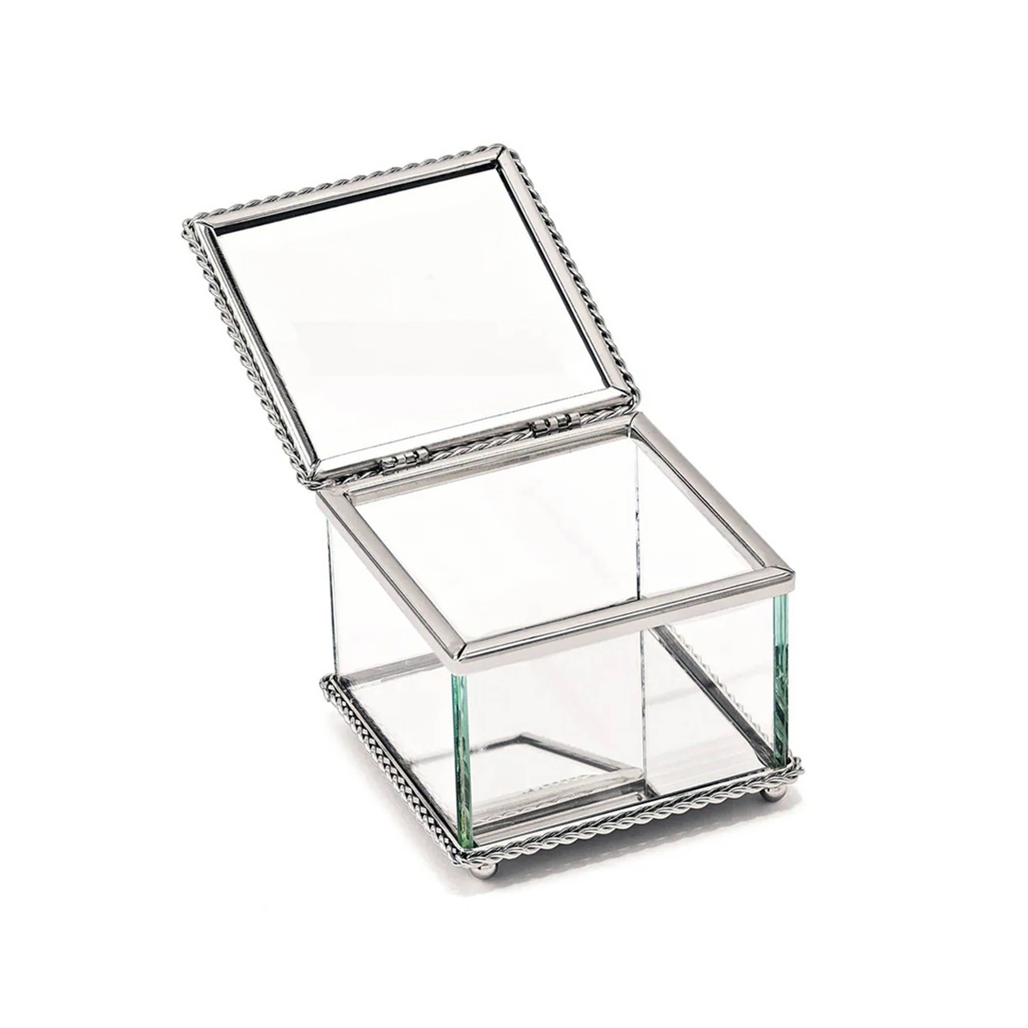 Square Glass Jewelry Box with Hinged Cover, 3.25"