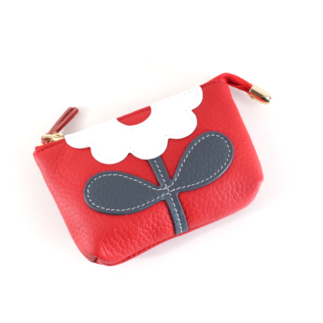Flower Applique Leather Coin Purse w/Keychain: Red