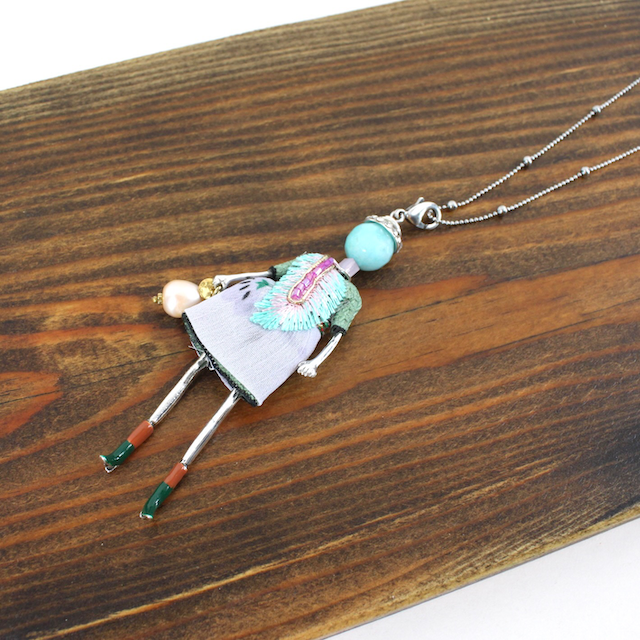 Stone Adorned French Doll Stainless Steel Necklace: 05 Mint