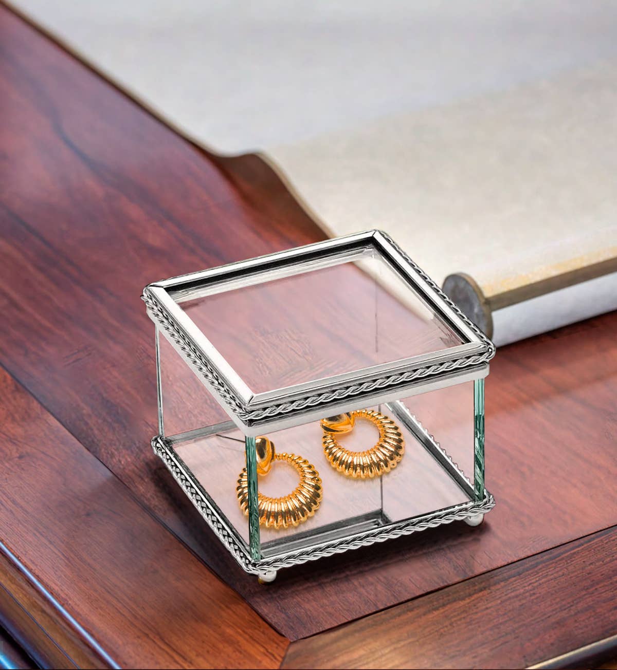Square Glass Jewelry Box with Hinged Cover, 3.25"