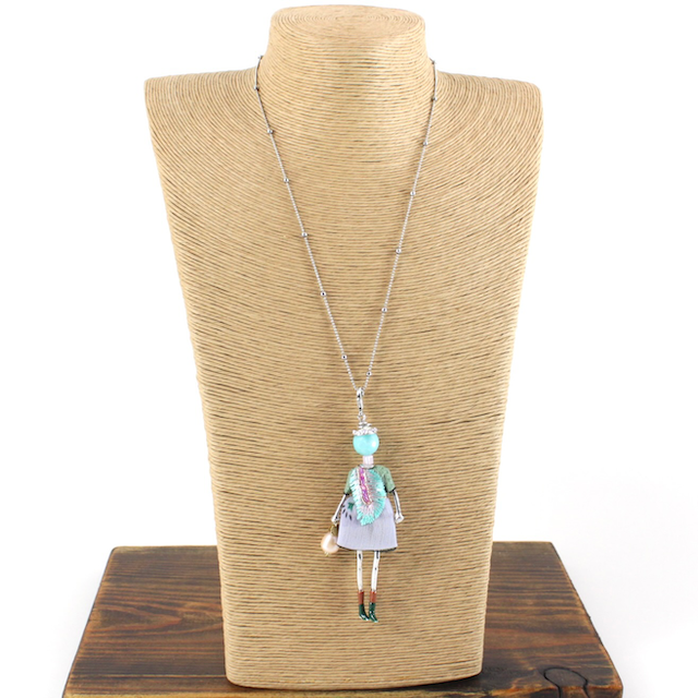 Stone Adorned French Doll Stainless Steel Necklace: 05 Mint
