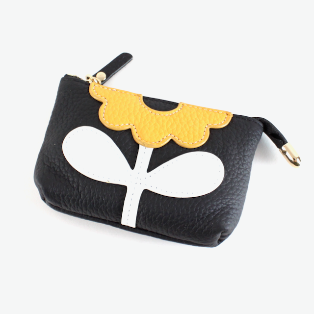 Flower Applique Leather Coin Purse w/Keychain: Black