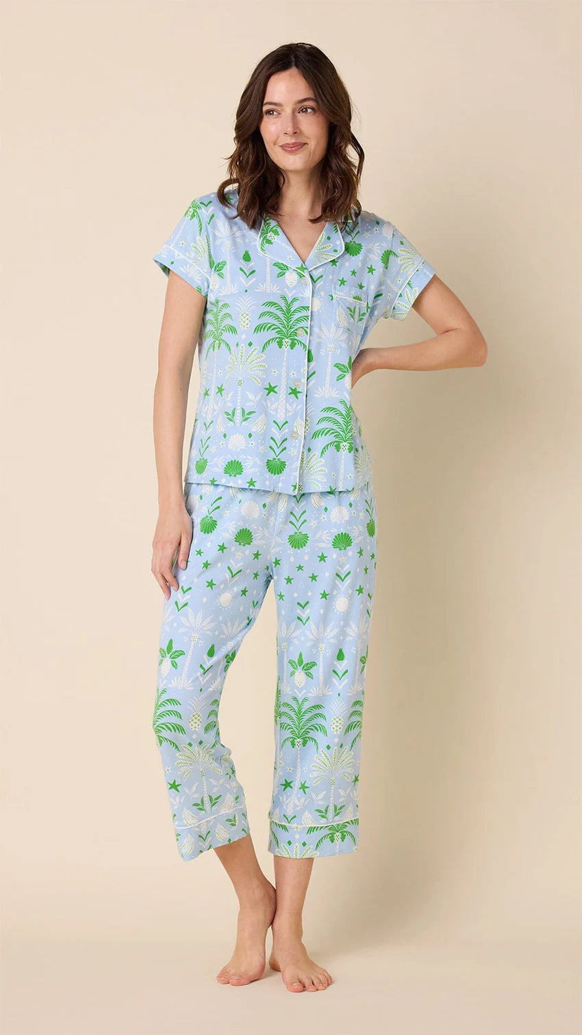 Tropicana Palm Pima Knit Capri Pajama Set (2 Piece)-Small