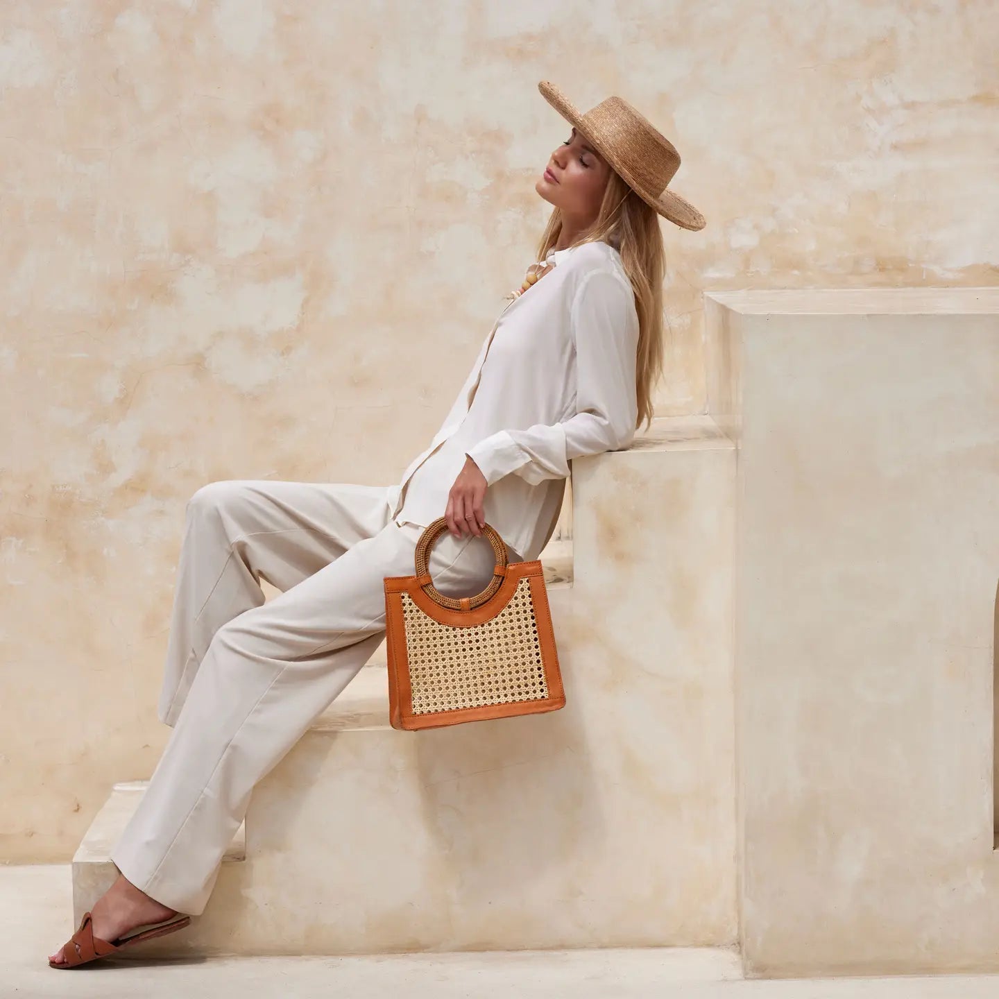 Rattan Cane Weave Handbag with Round Handle