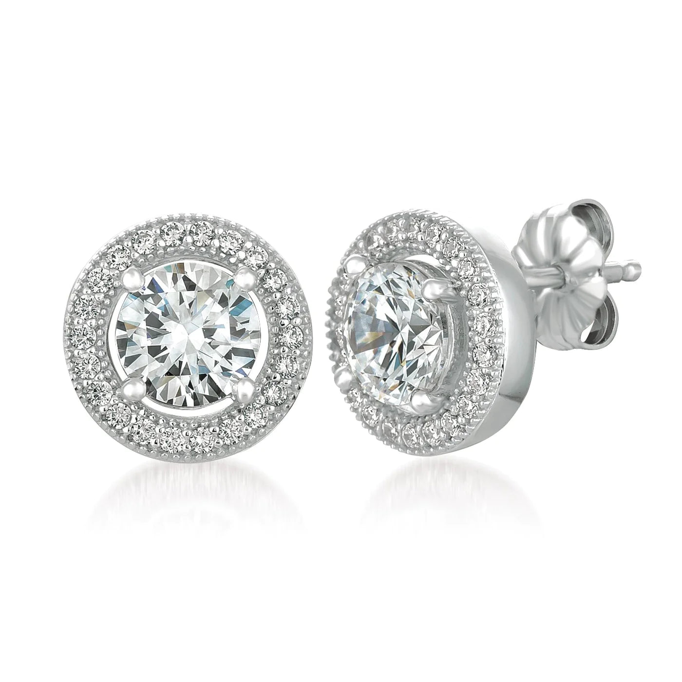 Brilliant Cut Stud Halo Earrings Finished in Pure Platinum