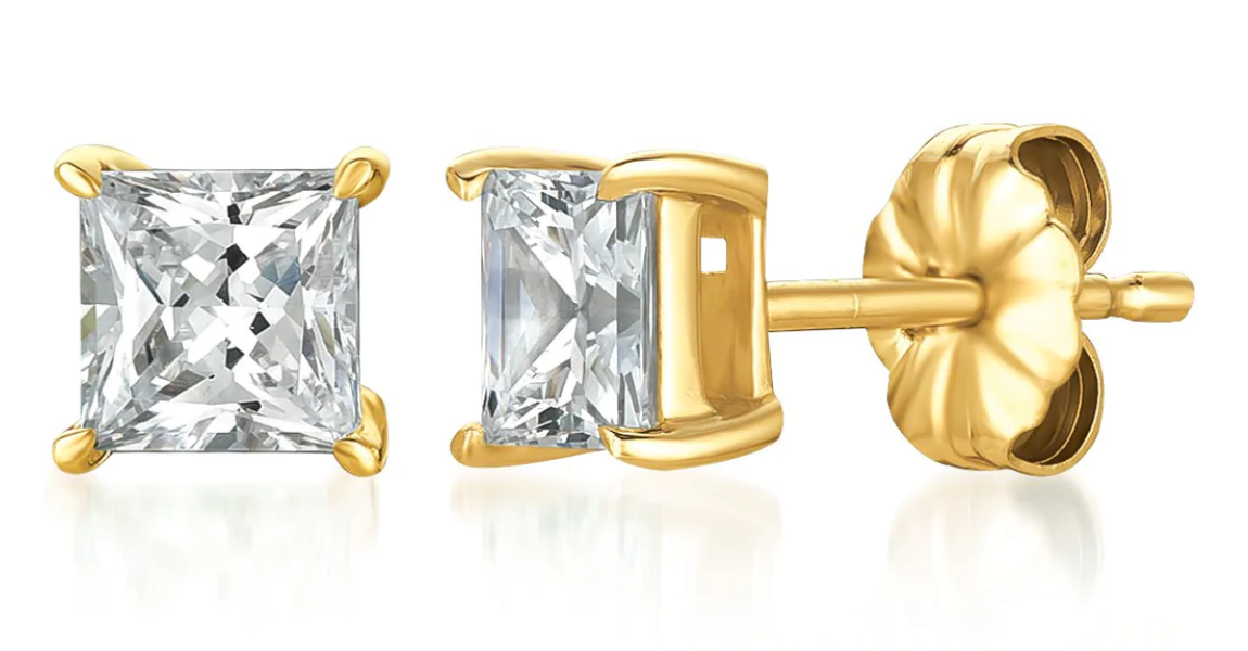 Solitaire princess Stud Earrings Finished in 18kt Yellow Gold- 1.50 cttw