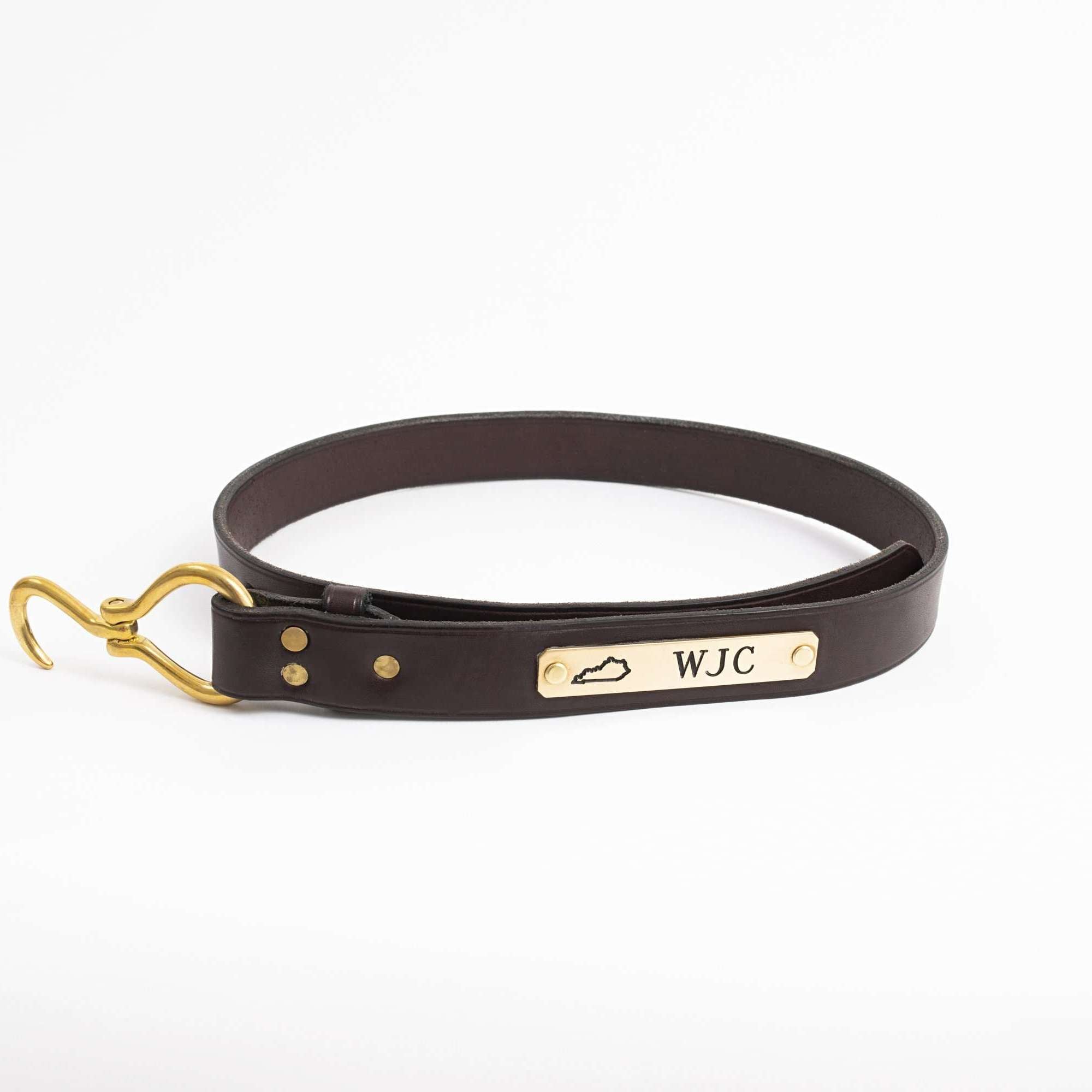 Custom Bluegrass Leather Belt with personalized brass plaque