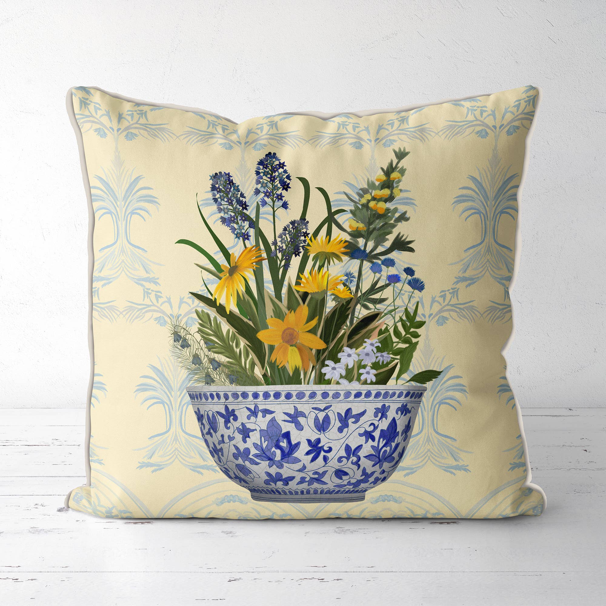 Chinoiserie bowl with wild flowers pillow